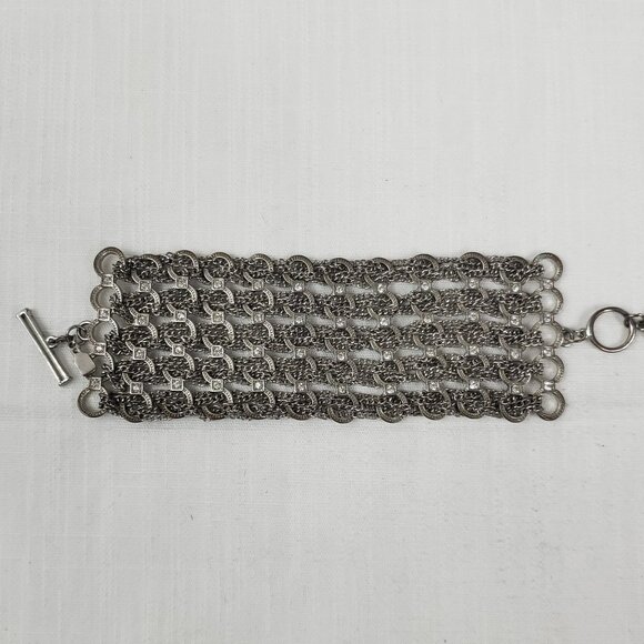 Vintage Rhinestone, Silver Chainmaille Bracelet, Wide, Toggle Clasp - Picture 1 of 9